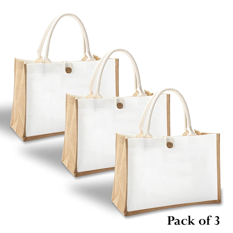 Willow Pack of 3 Jute Tote Bags with Button and Soft Handle Size: 40x35x10 CMS