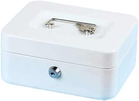 Metal Cash Box with Coin Tray And 2 Keys (15 x 12 x 8 Cm) - White