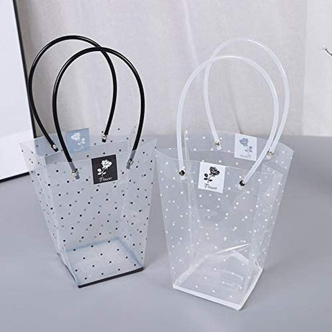 12PCS BLACK Polka Dot Transparent Florist Flower Bouquet Packaging Gift Bags with Handles - 42x25x14cm LARGE