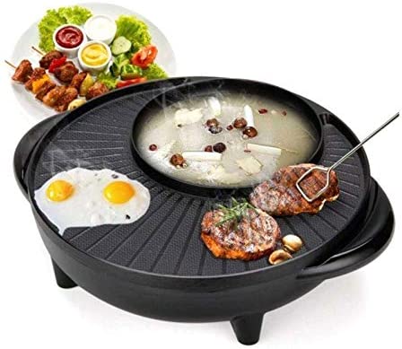 Electrical BBQ Grill and Shabu-Shabu Hot Pot, 2-in-1 Barbecue Smokeless Grill with Hotpot