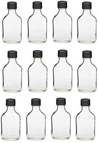 100ml Glass Flask Bottles with Black Tamper Evident Caps 12 Pc Pack