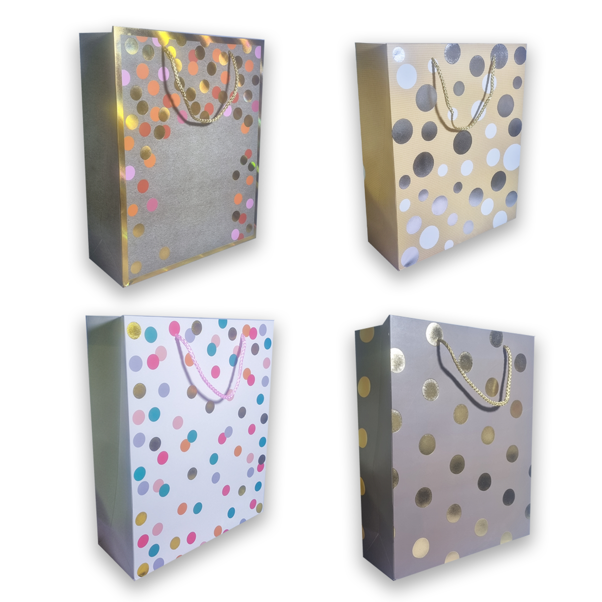 Dots Gift Bags 4 Different Colors in a Pack With Gold Foil (26x32x10 Cms) (12Pcs Pack)