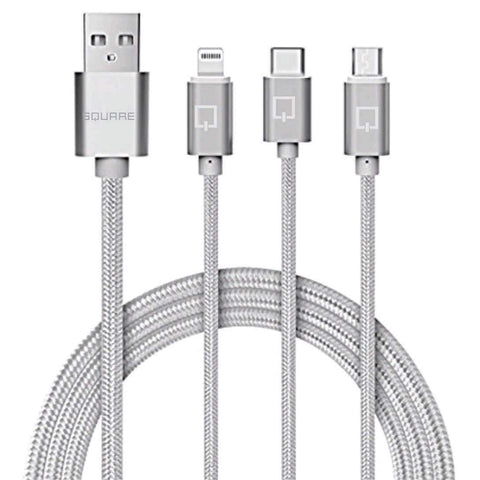 SQUARE USB to Micro/USB-C/Lightning 3 in 1 Multiple 3A USB Charging Cable for iPhone X/8 8 plus/ 7 7 plus/iPad/Macbook/Galaxy S8 plus/Lg V20/Huawei Mate 9 BLACK