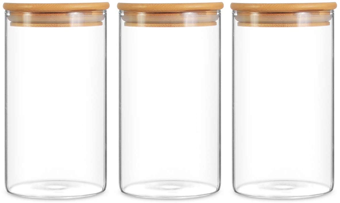 Willow Glass Storage Jar,Kitchen Food Containers with Bamboo Lid 3 pack (650ML)