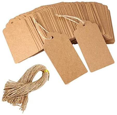 WILLOW 100 pcs Kraft Paper Tags, with Jute Twine Brown Rectangle kraft Hang Tags