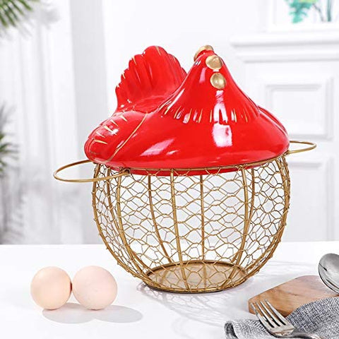 Metal Mesh Wire Egg Storage Basket with White Ceramic Farm Chicken Top ( Black )