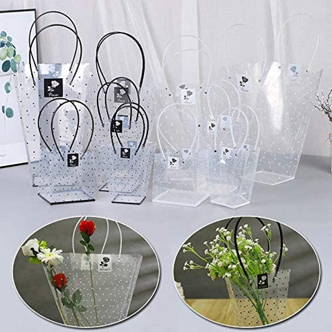 12PCS BLACK Polka Dot Transparent Florist Flower Bouquet Packaging Gift Bags with Handles - 42x25x14cm LARGE