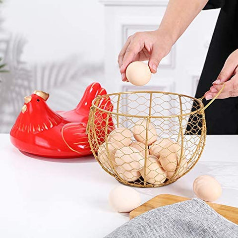 Metal Mesh Wire Egg Storage Basket with White Ceramic Farm Chicken Top (Red)