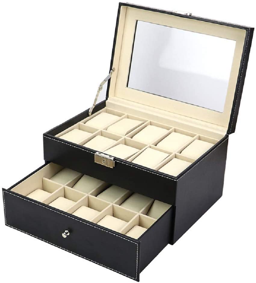 Watches Storage Box Jewellery Box 20 Pieces Two Layers Watches Storage Case,Black