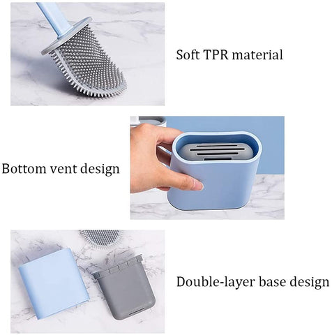 Silicone Toilet Brush with Base Rubber Head Holder Wall-mounted Cleaning Brush