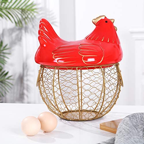 Metal Mesh Wire Egg Storage Basket with White Ceramic Farm Chicken Top (Red)