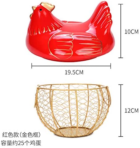 Metal Mesh Wire Egg Storage Basket with White Ceramic Farm Chicken Top ( Black )