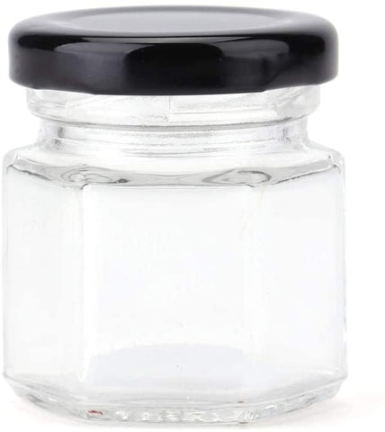 1.5oz Mini Hexagon Glass Jars with Black Plastisol Lined Lids and Labels (Pack of 50)