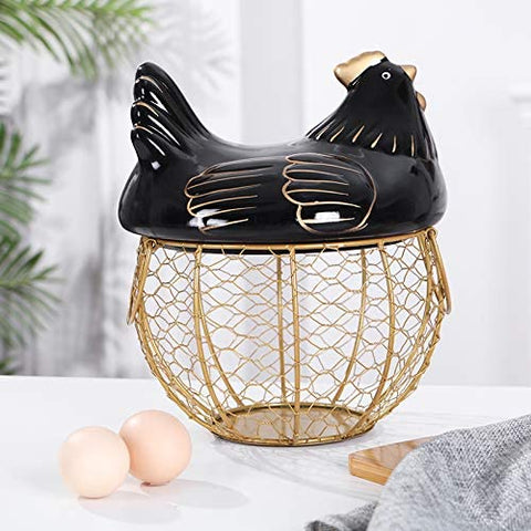 Metal Mesh Wire Egg Storage Basket with White Ceramic Farm Chicken Top ( Black )