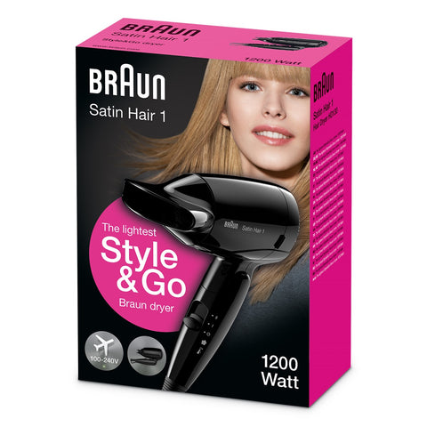 Braun Satin Hair 1 Style&Go travel dryer HD130 with professional style nozzle.