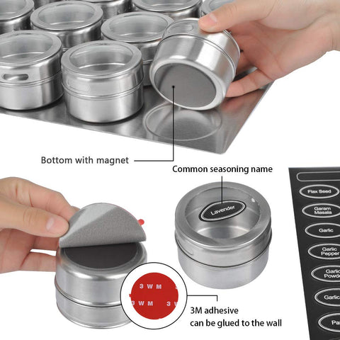 9 Magnetic Stainless Steel Spice Jars, Condiments, Fridge Magnets with Labels