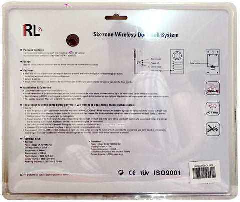 Six Zone Wireless Door Bell for Offices Restaurant RL-05060