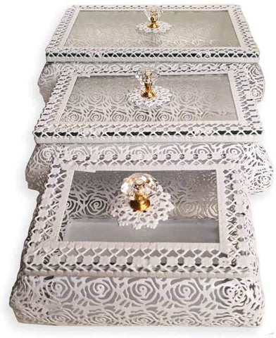 White Metal Accessories Boxes With Glass Lid Set of 3 Different Sizes - Willow