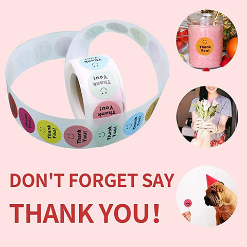 Willow Thank You Paper Stickers - Smile Face Design, 1 inch 8 Colors Stickers 500/Roll