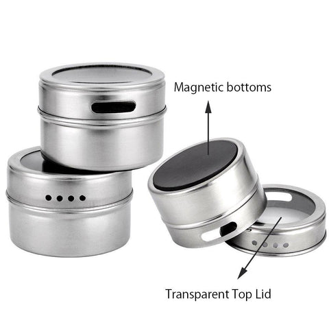 9 Magnetic Stainless Steel Spice Jars, Condiments, Fridge Magnets with Labels