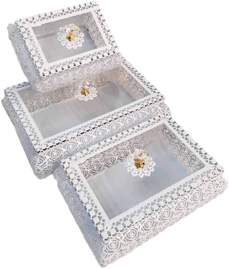White Metal Accessories Boxes With Glass Lid Set of 3 Different Sizes - Willow