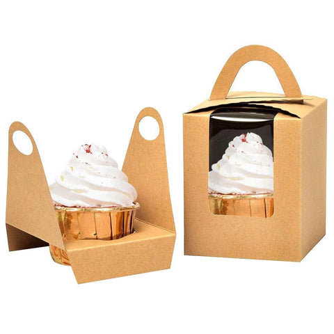 Kraft Cupcake Boxes, with Window Insert and Handle (Pack of 50) - Willow