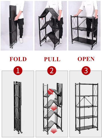 Multi-Shelf Foldable Storage Shelves for Garage Kitchen Home Closet, Collapsible Organizer Rack - Black