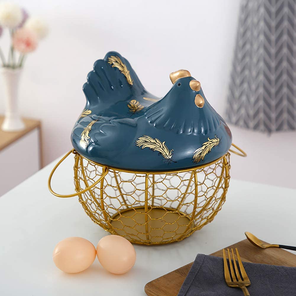 Metal Mesh Wire Egg Storage Basket with White Ceramic Farm Chicken Top ( Blue )