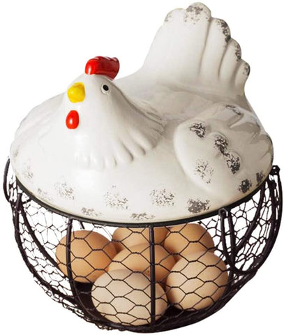 Metal Mesh Wire Egg Storage Basket with White Ceramic Farm Chicken Top ( Black )