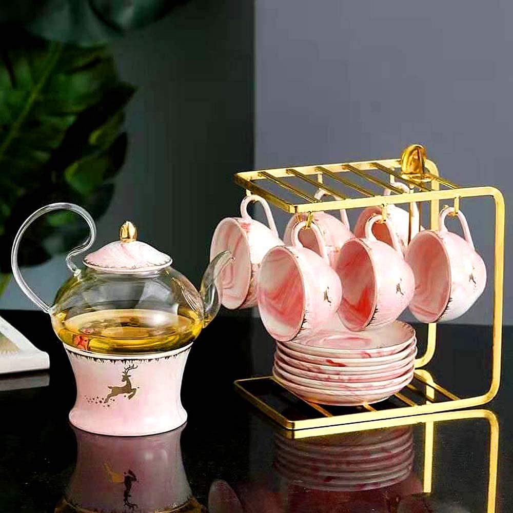22-Piece Porcelain Ceramic Coffee & Tea Gift Sets, Cups & Saucer Service for 6 - Pink