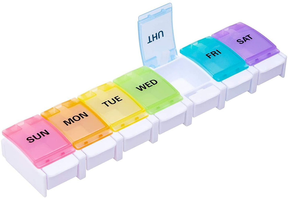 7 Day Pill Organizer, Large Push Button Weekly Pill Box for Pills/Vitamin/Fish Oil/Supplements - Rainbow