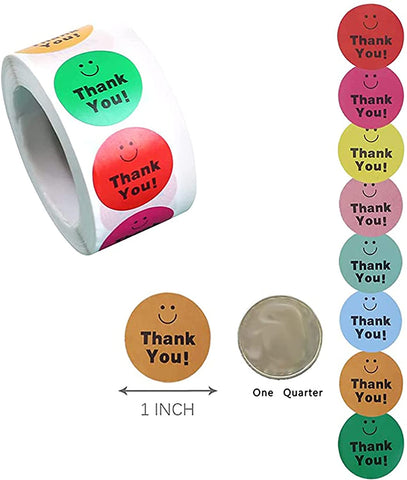 Willow Thank You Paper Stickers - Smile Face Design, 1 inch 8 Colors Stickers 500/Roll