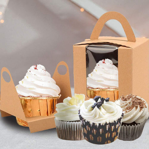 Kraft Cupcake Boxes, with Window Insert and Handle (Pack of 50) - Willow