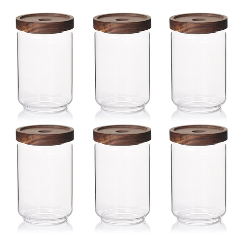 WILLOW 6Pcs Pack Glass Canisters with Wooden Lid , and Good Sealing (650ml)