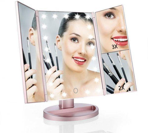 Lighted Vanity Mirror, 21 Super Bright LEDs, Touch Screen Tri-Fold (ROSE GOLD)