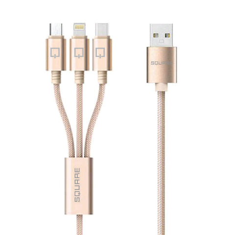 SQUARE USB to Micro/USB-C/Lightning 3 in 1 Multiple 3A USB Charging Cable for iPhone X/8 8 plus/ 7 7 plus/iPad/Macbook/Galaxy S8 plus/Lg V20/Huawei Mate 9 BLACK