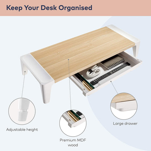 Navodesk Wooden Monitor Riser with Integrated Storage Space and Adjustable Feet for Better Ergonomics