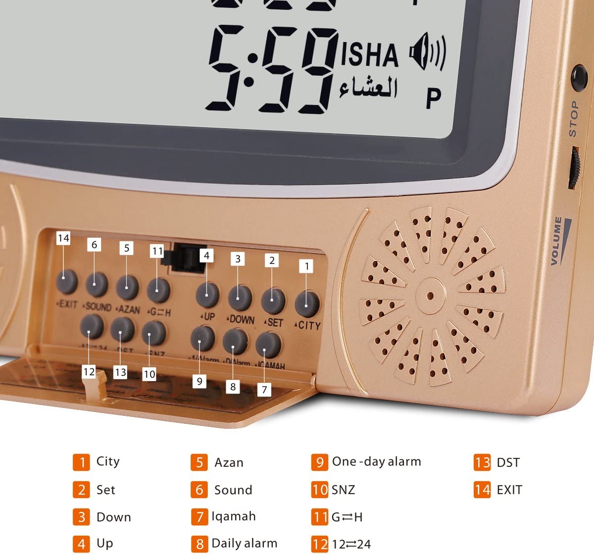 AL-HARAMEEN, Azan Clock, Prayer Times Table Clock Muslim Digital Alarm,LCD HA-4010 (Gold)