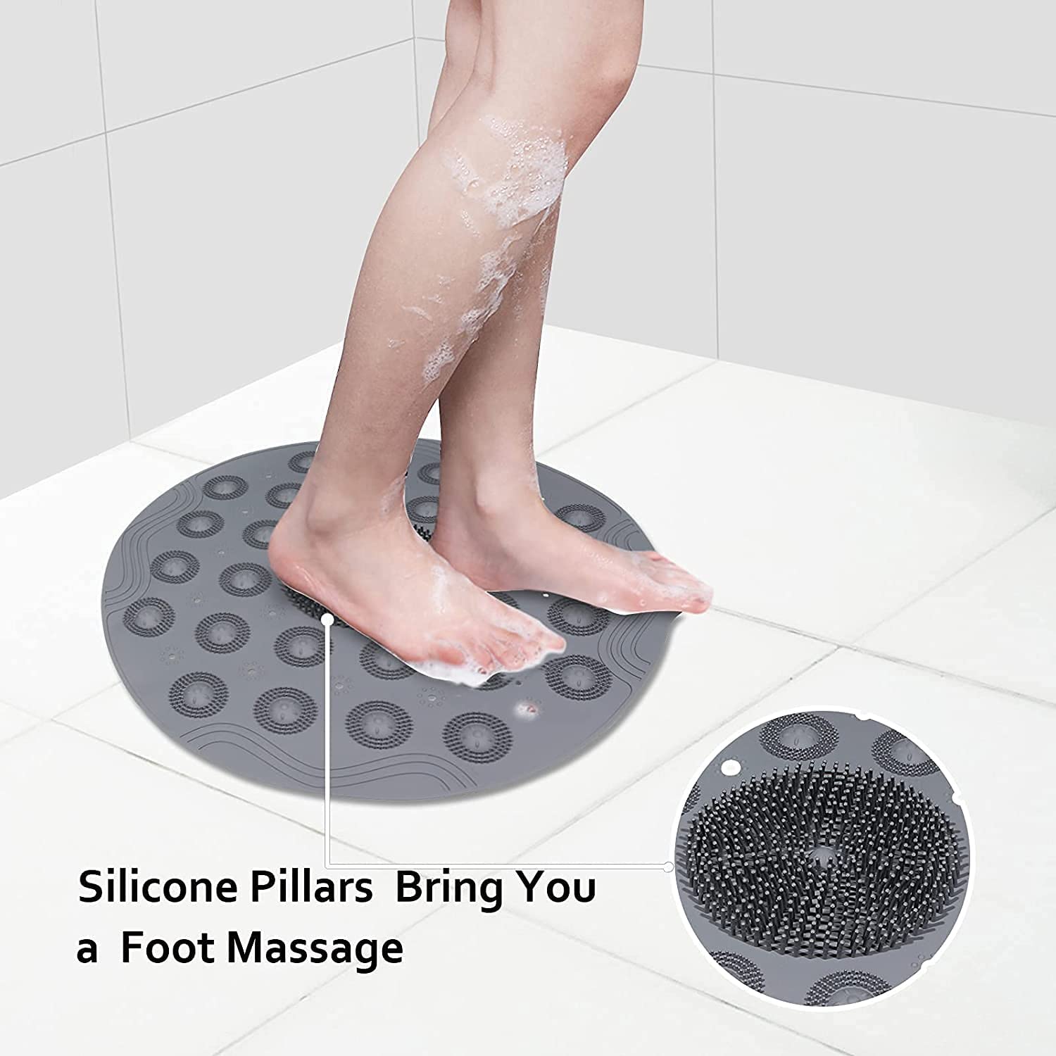 Bathroom Shower Mat, Non-Slip Silicone Foot Massage Bath Mat with Suction Cups
