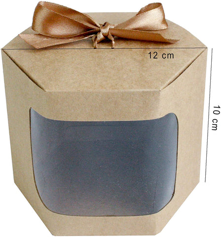 Brown Kraft Bag Cupcakes Cookies Muffin Pie Box with Clear Window and Ribbon - Pack of 12 (10 cm x 10 cm x 12 cm,)