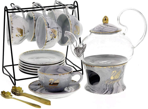 22-Piece Porcelain Ceramic Coffee & Tea Gift Sets, Cups & Saucer Service for 6 - Green