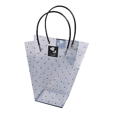 12PCS BLACK Polka Dot Transparent Florist Flower Bouquet Packaging Gift Bags with Handles - 26x22x11cm MEDIUM