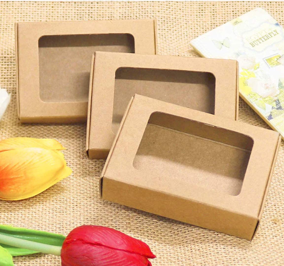 Willow 24 PCS Brown Kraft Cardboard Drawer Boxes with Clear Window for Party Gifts - 20x16x5cm