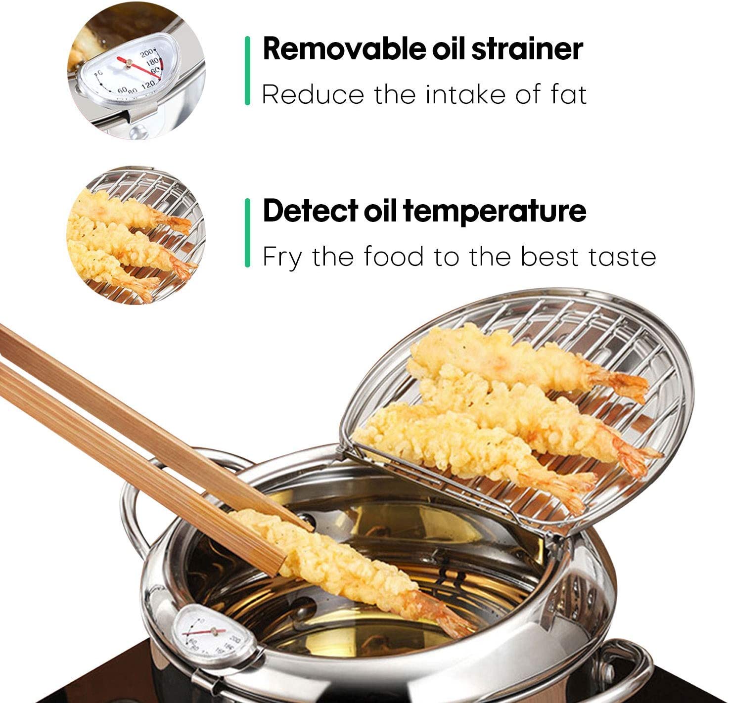 Deep Fryer Pot, 304 Stainless Steel with Temperature Control and Lid