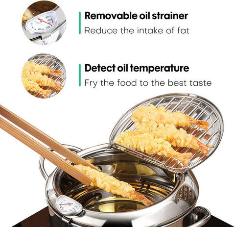 Deep Fryer Pot, 304 Stainless Steel with Temperature Control and Lid