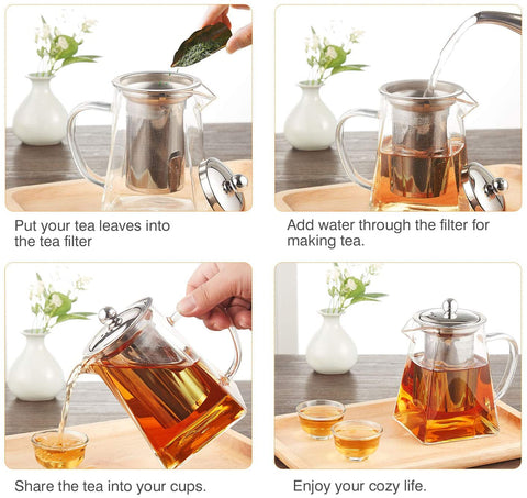 Glass Teapot with Infuser Microwavable and Stovetop Safe 750 ml - Square