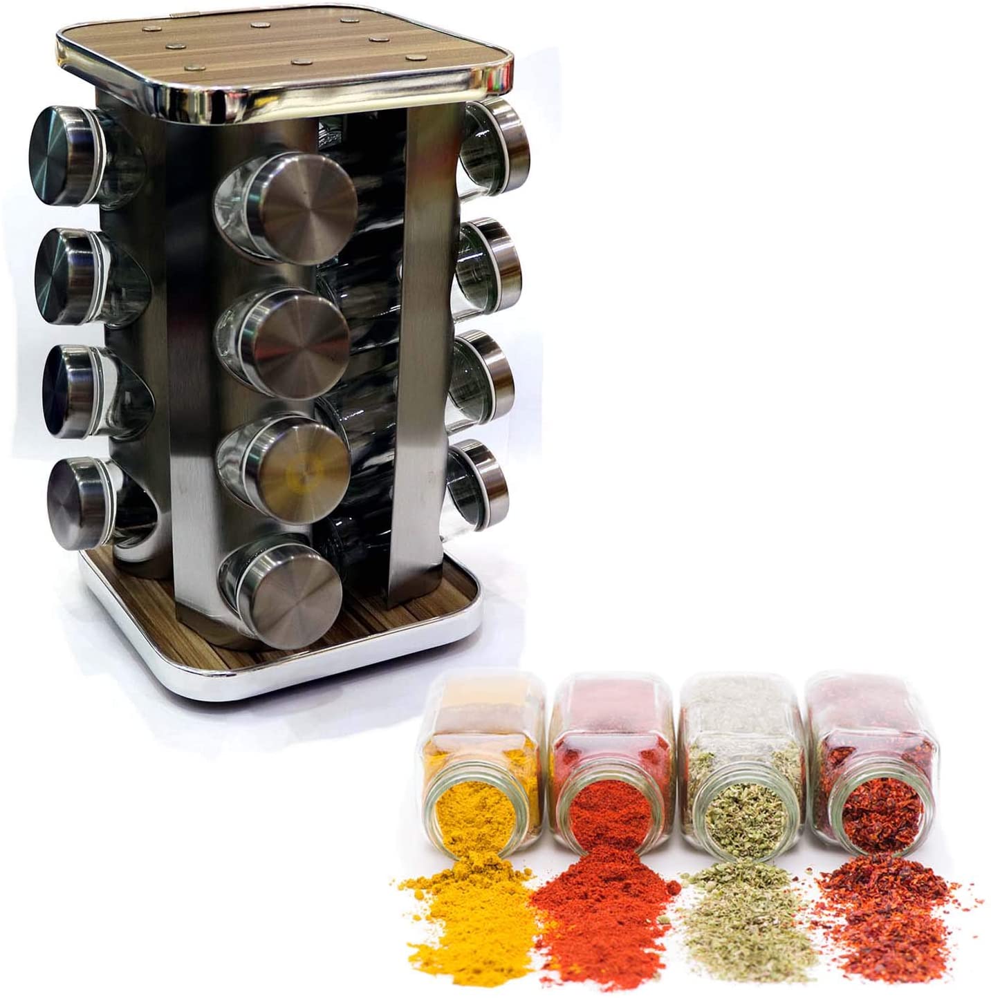 16-Piece Spice Jar Set, Glass Jar Round Stand Silver/Wood W22xL22xH20 Cms
