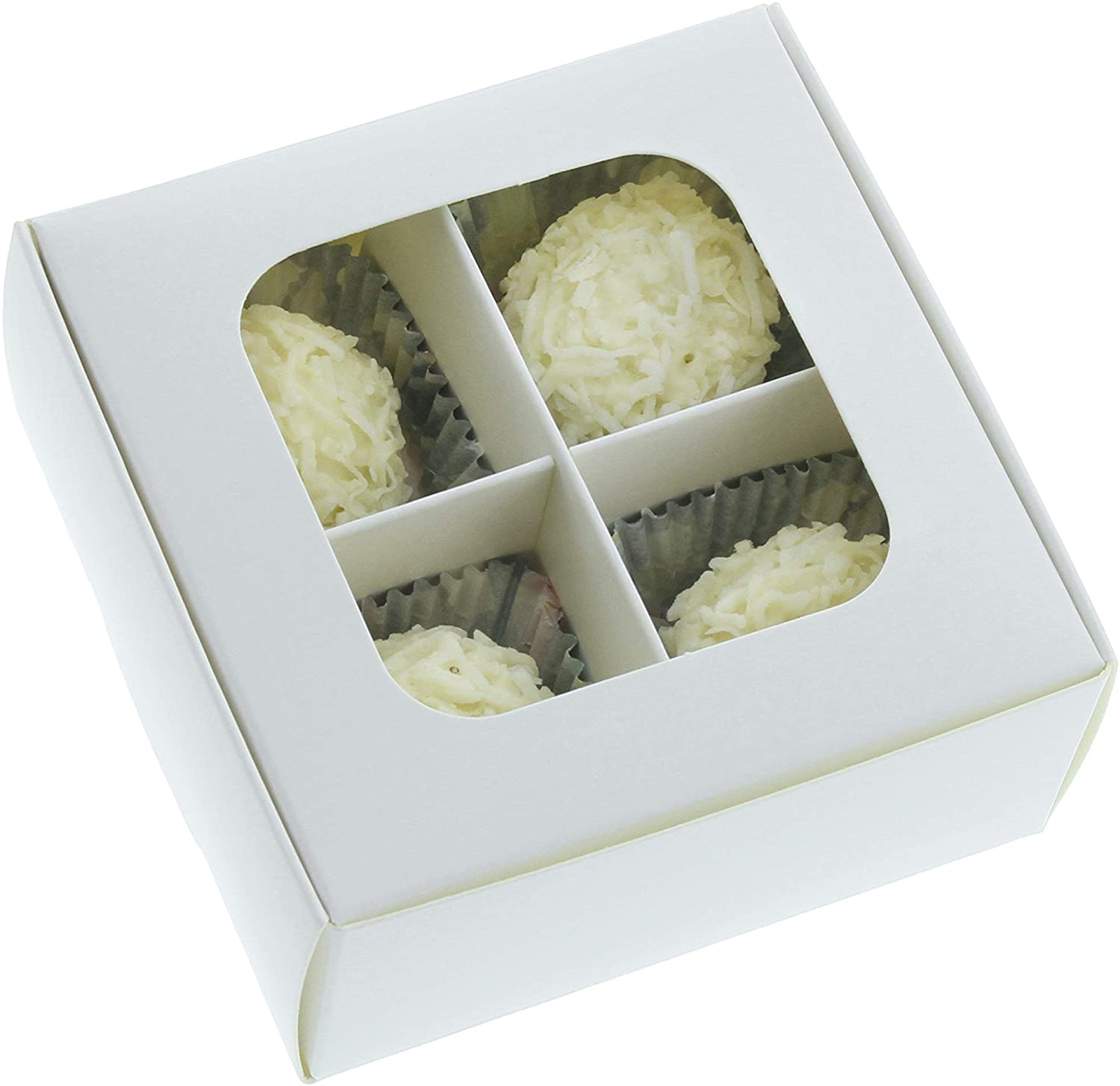 Willow Mini Truffle Boxes with Window and Dividers - Four Compartments - 16 x 16 x 6.5 Cms | Pack of 24 (White)