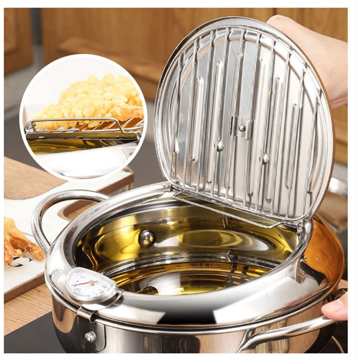 Deep Fryer Pot, 304 Stainless Steel with Temperature Control and Lid
