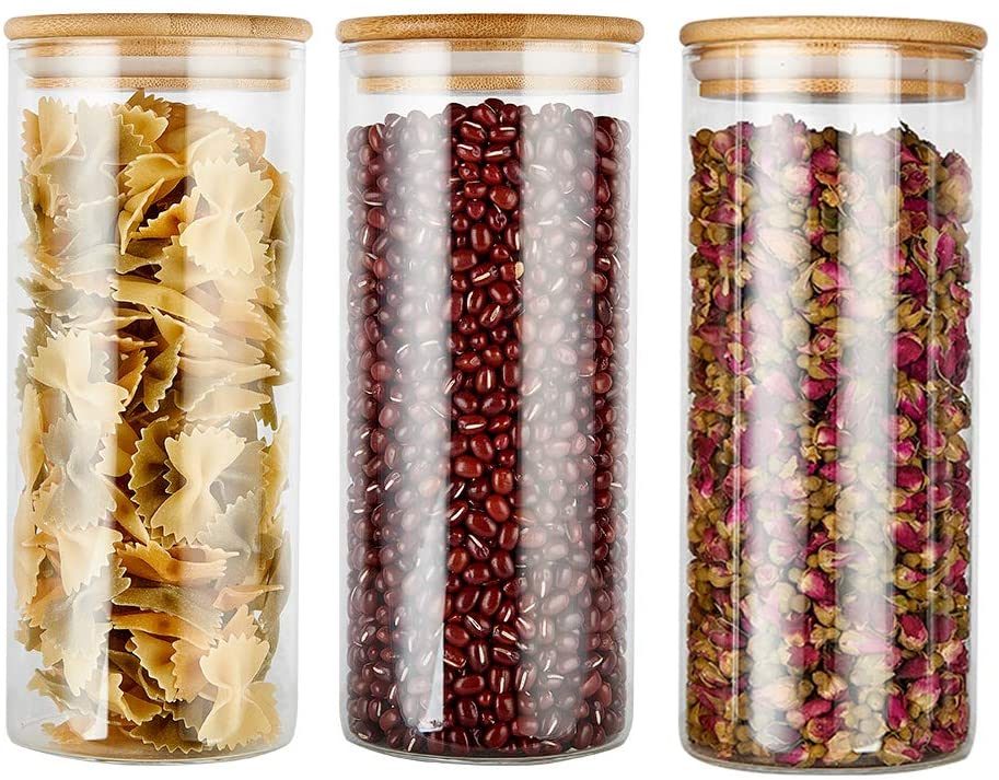 Willow Glass Storage Jar,Kitchen Food Containers with Bamboo Lid 3 pack (32.5 OZ / 950 ML)